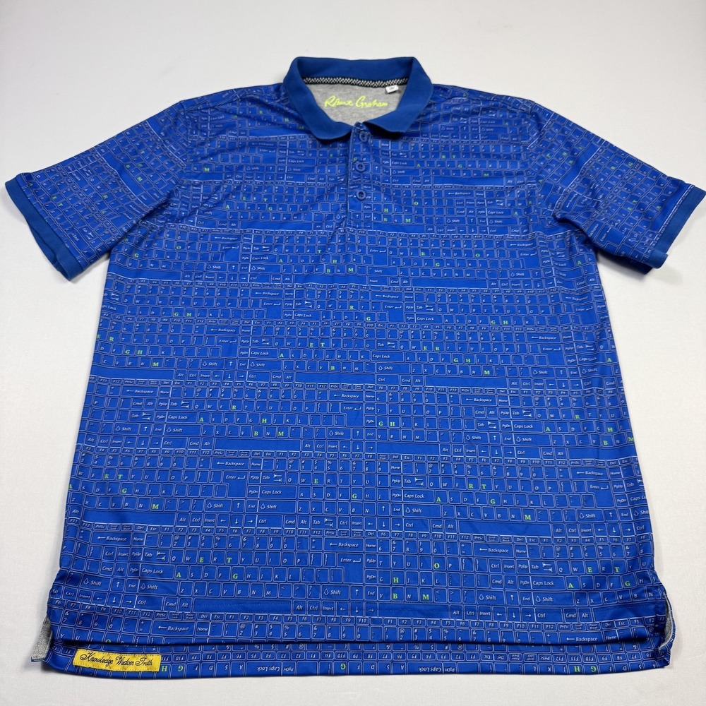 Robert Graham Polo Shirt‎ Mens XL Blue Keyboard Print Classic Fit Performance